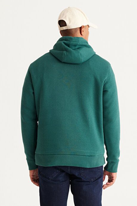 Standard Fit Regular Fit Fleece Inside 3 Yarn Hooded Kangaroo Pocket Cotton Dark Green Sweatshirt ET5224100014KYS