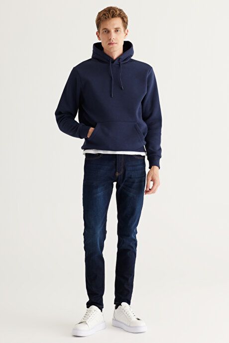 Standard Fit Regular Fit Fleece Inside 3 Yarn Hooded Kangaroo Pocket Cotton Navy Sweatshirt ET5224100014LAC