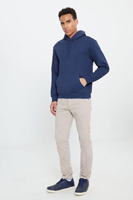 Standard Fit Regular Fit Fleece Inside 3 Yarn Hooded Kangaroo Pocket Cotton Navy Sweatshirt ET5224100014LAC