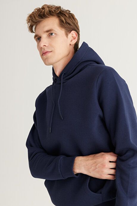 Standard Fit Regular Fit Fleece Inside 3 Yarn Hooded Kangaroo Pocket Cotton Navy Sweatshirt ET5224100014LAC