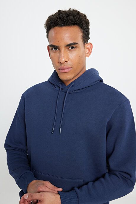 Standard Fit Regular Fit Fleece Inside 3 Yarn Hooded Kangaroo Pocket Cotton Navy Sweatshirt ET5224100014LAC