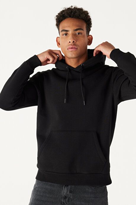 Standard Fit Regular Fit Fleece Inside 3 Yarn Hooded Kangaroo Pocket Cotton Black Sweatshirt ET5224100014SYH