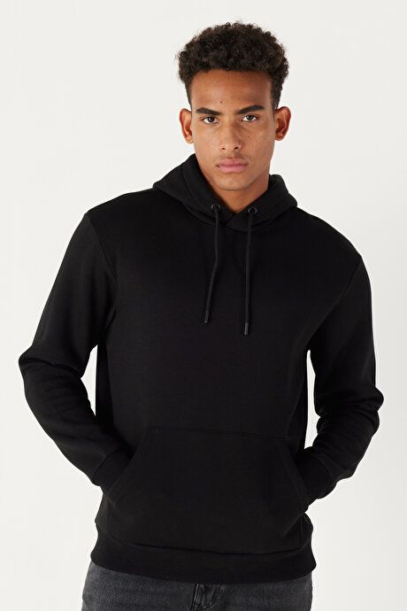 Standard Fit Regular Fit Fleece Inside 3 Yarn Hooded Kangaroo Pocket Cotton Black Sweatshirt ET5224100014SYH