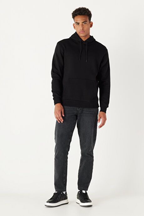 Standard Fit Regular Fit Fleece Inside 3 Yarn Hooded Kangaroo Pocket Cotton Black Sweatshirt ET5224100014SYH