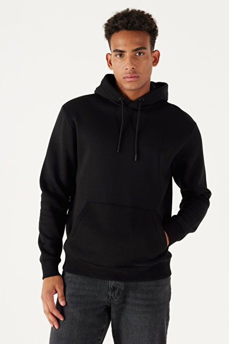 Standard Fit Regular Fit Fleece Inside 3 Yarn Hooded Kangaroo Pocket Cotton Black Sweatshirt ET5224100014SYH