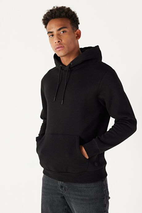 Standard Fit Regular Fit Fleece Inside 3 Yarn Hooded Kangaroo Pocket Cotton Black Sweatshirt ET5224100014SYH