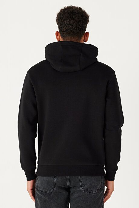 Standard Fit Regular Fit Fleece Inside 3 Yarn Hooded Kangaroo Pocket Cotton Black Sweatshirt ET5224100014SYH