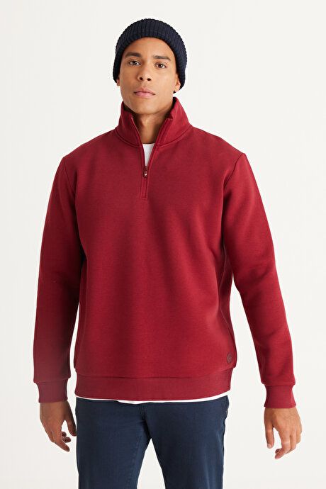 Standard Fit Regular Fit Fleece Bato Collar Cotton Burgundy Sweatshirt ET5224100015BRD