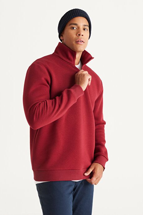 Standard Fit Regular Fit Fleece Bato Collar Cotton Burgundy Sweatshirt ET5224100015BRD