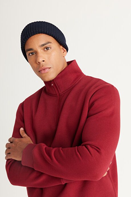 Standard Fit Regular Fit Fleece Bato Collar Cotton Burgundy Sweatshirt ET5224100015BRD