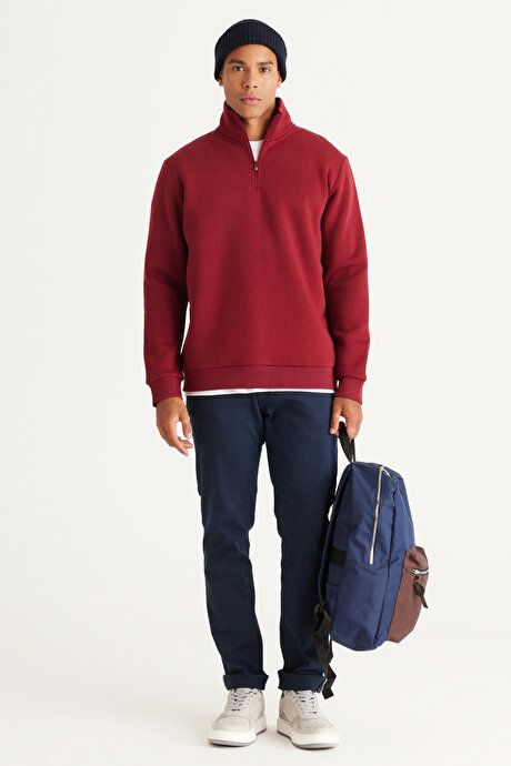 Standard Fit Regular Fit Fleece Bato Collar Cotton Burgundy Sweatshirt ET5224100015BRD