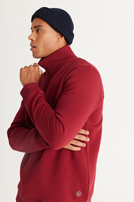 Standard Fit Regular Fit Fleece Bato Collar Cotton Burgundy Sweatshirt ET5224100015BRD