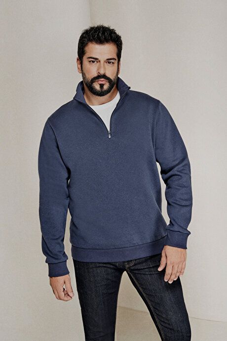 Standard Fit Regular Fit Fleece Bato Collar Cotton Navy Sweatshirt ET5224100015LAC