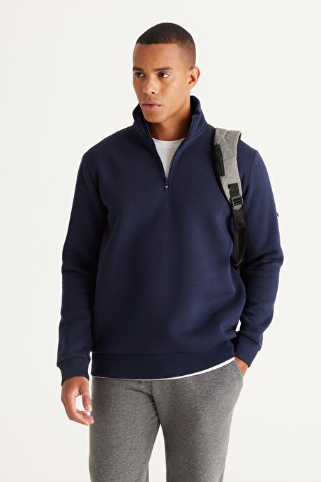 Standard Fit Regular Fit Fleece Bato Collar Cotton Navy Sweatshirt ET5224100015LAC