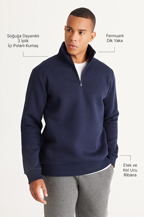 Standard Fit Regular Fit Fleece Bato Collar Cotton Navy Sweatshirt ET5224100015LAC