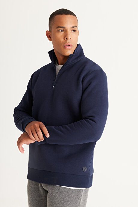 Standard Fit Regular Fit Fleece Bato Collar Cotton Navy Sweatshirt ET5224100015LAC