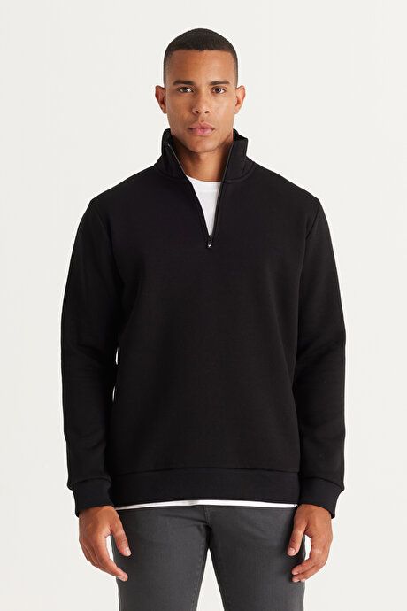 Standard Fit Regular Fit Fleece Bato Collar Cotton Black Sweatshirt ET5224100015SYH