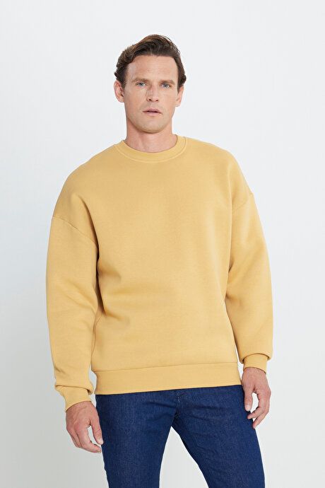 Oversized Loose Fit Fleece 3 Yarn Crew Neck Cotton Mustard Sweatshirt ET5224100016HRD