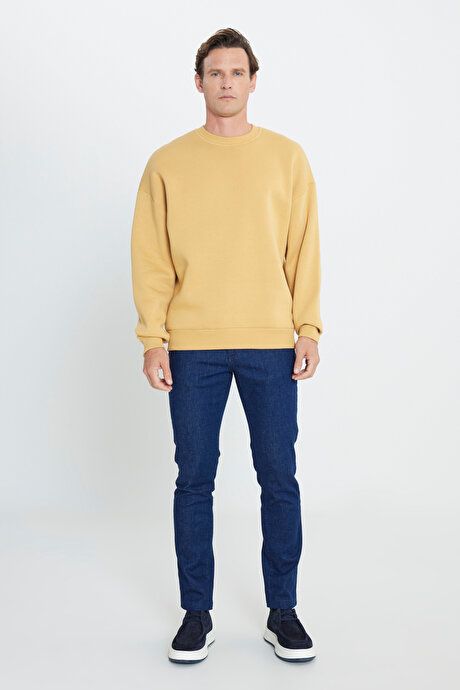 Oversized Loose Fit Fleece 3 Yarn Crew Neck Cotton Mustard Sweatshirt ET5224100016HRD