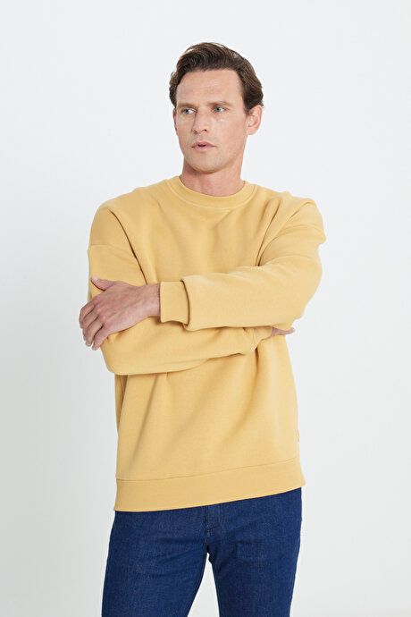 Oversized Loose Fit Fleece 3 Yarn Crew Neck Cotton Mustard Sweatshirt ET5224100016HRD