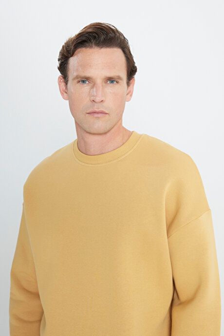 Oversized Loose Fit Fleece 3 Yarn Crew Neck Cotton Mustard Sweatshirt ET5224100016HRD