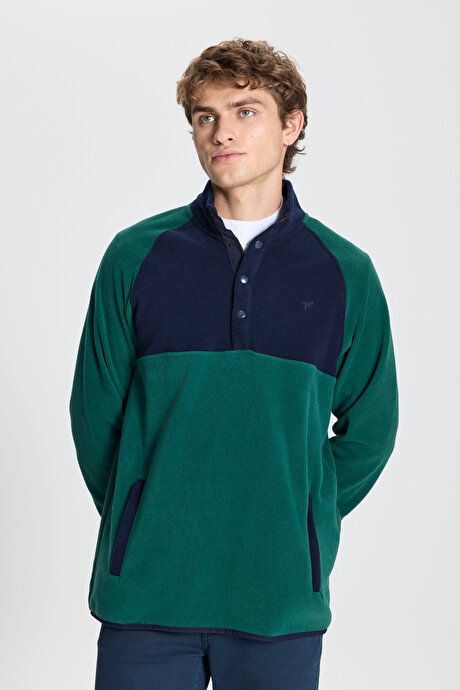 Standard Fit Regular Fit Bato Collar Patterned Green-Blue Fleece ET5224100033YLL