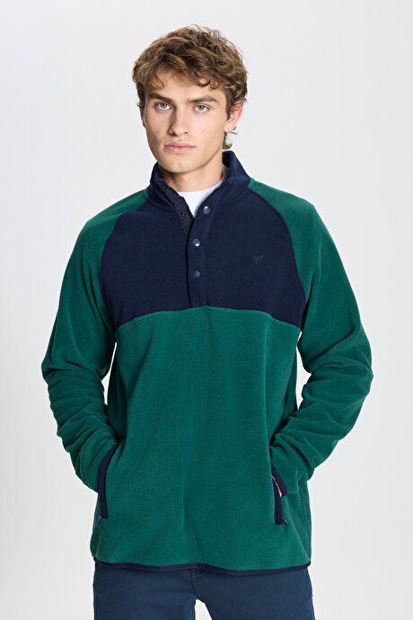 Standard Fit Regular Fit Bato Collar Patterned Green-Blue Fleece ET5224100033YLL