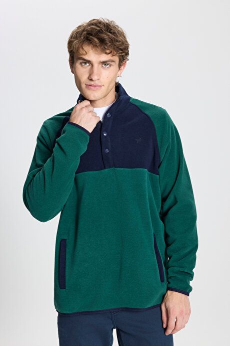 Standard Fit Regular Fit Bato Collar Patterned Green-Blue Fleece ET5224100033YLL