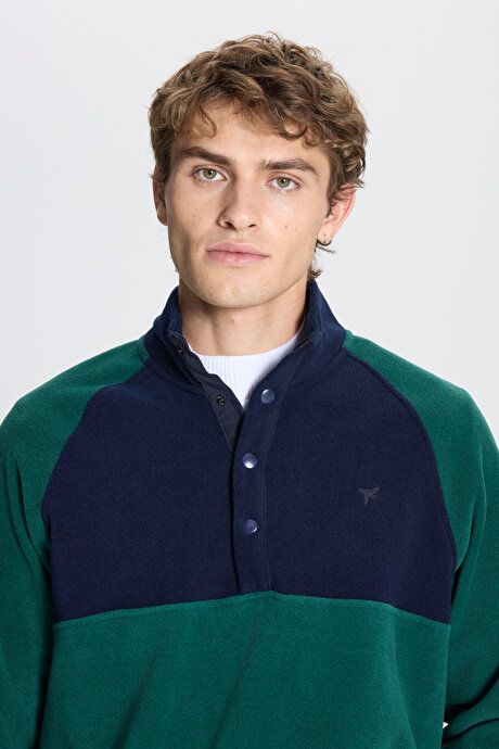 Standard Fit Regular Fit Bato Collar Patterned Green-Blue Fleece ET5224100033YLL