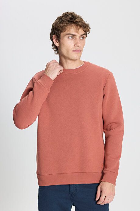 Standard Fit Regular Fit Fleece 3 Yarn Crew Neck Cotton Light Brown Sweatshirt ET5224100049AKH