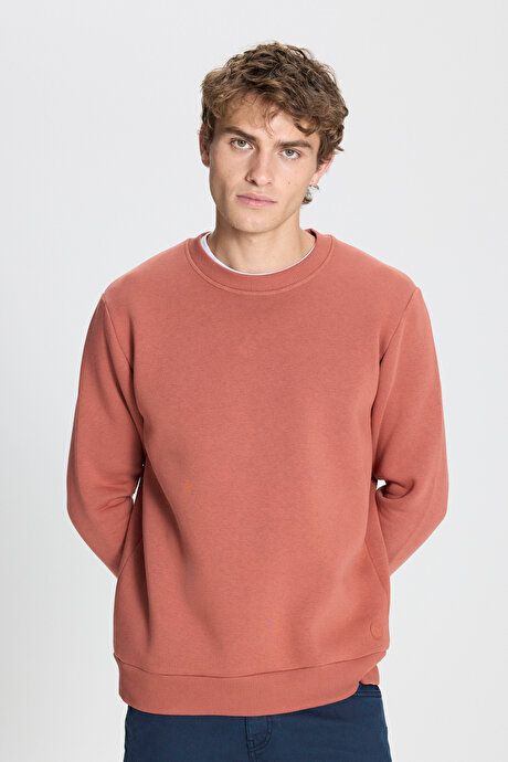 Standard Fit Regular Fit Fleece 3 Yarn Crew Neck Cotton Light Brown Sweatshirt ET5224100049AKH