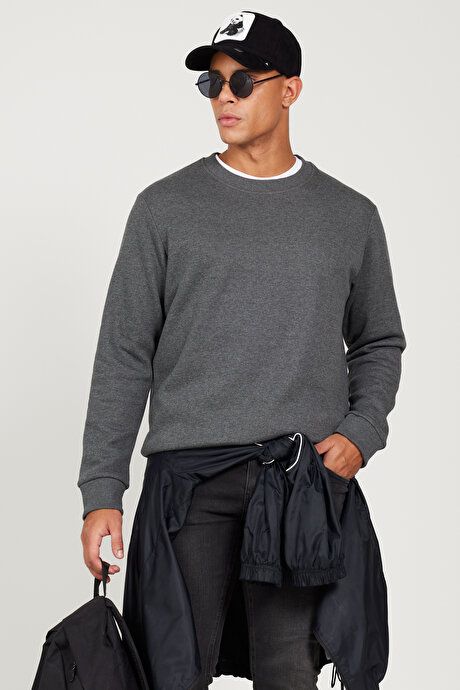 Standard Fit Regular Fit 3 Yarn Crew Neck Cotton Anthracite-Melange Sweatshirt ET5224100049ANM