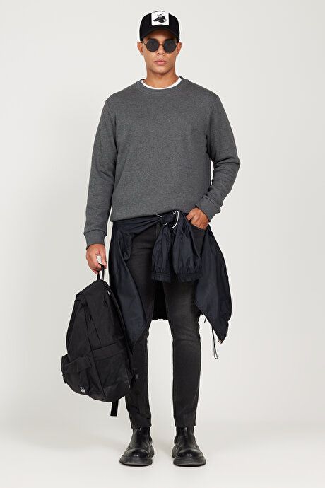 Standard Fit Regular Fit 3 Yarn Crew Neck Cotton Anthracite-Melange Sweatshirt ET5224100049ANM