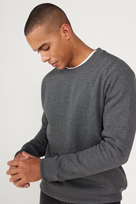 Standard Fit Regular Fit 3 Yarn Crew Neck Cotton Anthracite-Melange Sweatshirt ET5224100049ANM