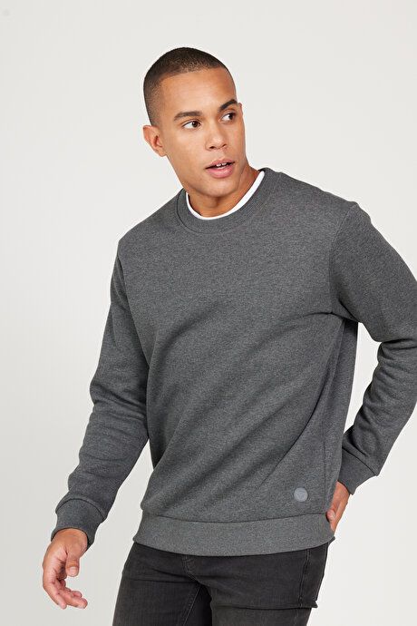 Standard Fit Regular Fit 3 Yarn Crew Neck Cotton Anthracite-Melange Sweatshirt ET5224100049ANM