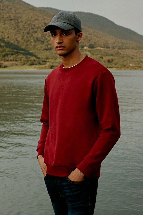 Standard Fit Regular Fit 3 Yarn Crew-Neck Cotton Burgundy Sweatshirt with Fleece Inside ET5224100049BRD