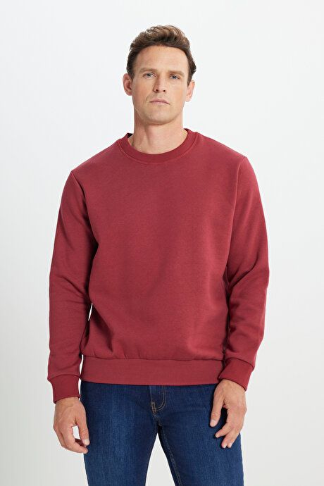 Standard Fit Regular Fit 3 Yarn Crew-Neck Cotton Burgundy Sweatshirt with Fleece Inside ET5224100049BRD