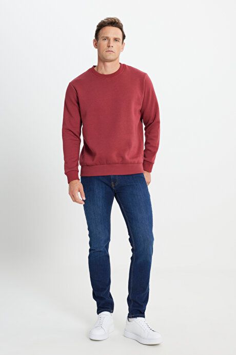 Standard Fit Regular Fit 3 Yarn Crew-Neck Cotton Burgundy Sweatshirt with Fleece Inside ET5224100049BRD