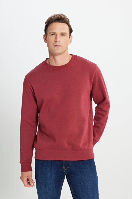 Standard Fit Regular Fit 3 Yarn Crew-Neck Cotton Burgundy Sweatshirt with Fleece Inside ET5224100049BRD