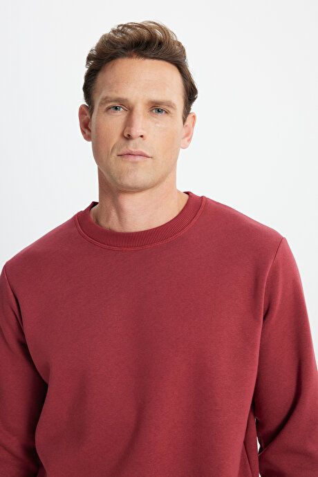 Standard Fit Regular Fit 3 Yarn Crew-Neck Cotton Burgundy Sweatshirt with Fleece Inside ET5224100049BRD