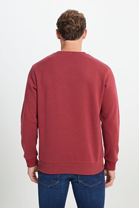 Standard Fit Regular Fit 3 Yarn Crew-Neck Cotton Burgundy Sweatshirt with Fleece Inside ET5224100049BRD