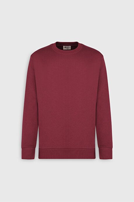 Standard Fit Regular Fit 3 Yarn Crew-Neck Cotton Burgundy Sweatshirt with Fleece Inside ET5224100049BRD