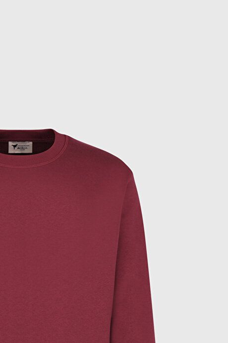 Standard Fit Regular Fit 3 Yarn Crew-Neck Cotton Burgundy Sweatshirt with Fleece Inside ET5224100049BRD