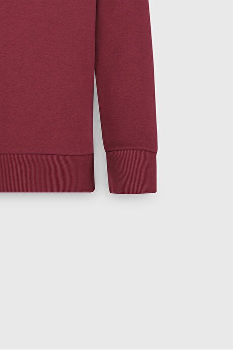 Standard Fit Regular Fit 3 Yarn Crew-Neck Cotton Burgundy Sweatshirt with Fleece Inside ET5224100049BRD