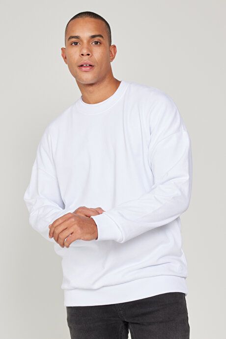 Standard Fit Regular Fit Fleece 3 Yarn Crew Neck Cotton White Sweatshirt ET5224100049BYZ