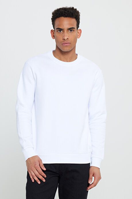 Standard Fit Regular Fit Fleece 3 Yarn Crew Neck Cotton White Sweatshirt ET5224100049BYZ