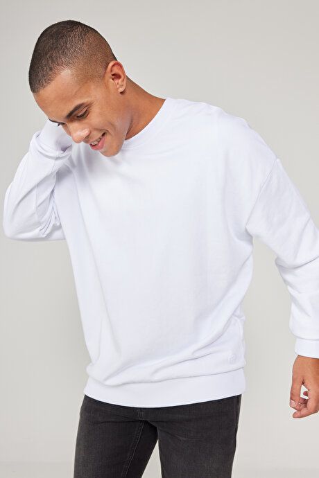 Standard Fit Regular Fit Fleece 3 Yarn Crew Neck Cotton White Sweatshirt ET5224100049BYZ