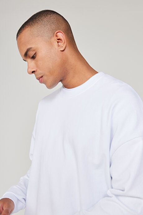 Standard Fit Regular Fit Fleece 3 Yarn Crew Neck Cotton White Sweatshirt ET5224100049BYZ