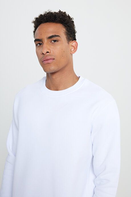 Standard Fit Regular Fit Fleece 3 Yarn Crew Neck Cotton White Sweatshirt ET5224100049BYZ