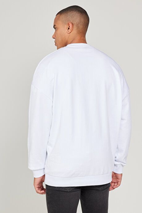 Standard Fit Regular Fit Fleece 3 Yarn Crew Neck Cotton White Sweatshirt ET5224100049BYZ